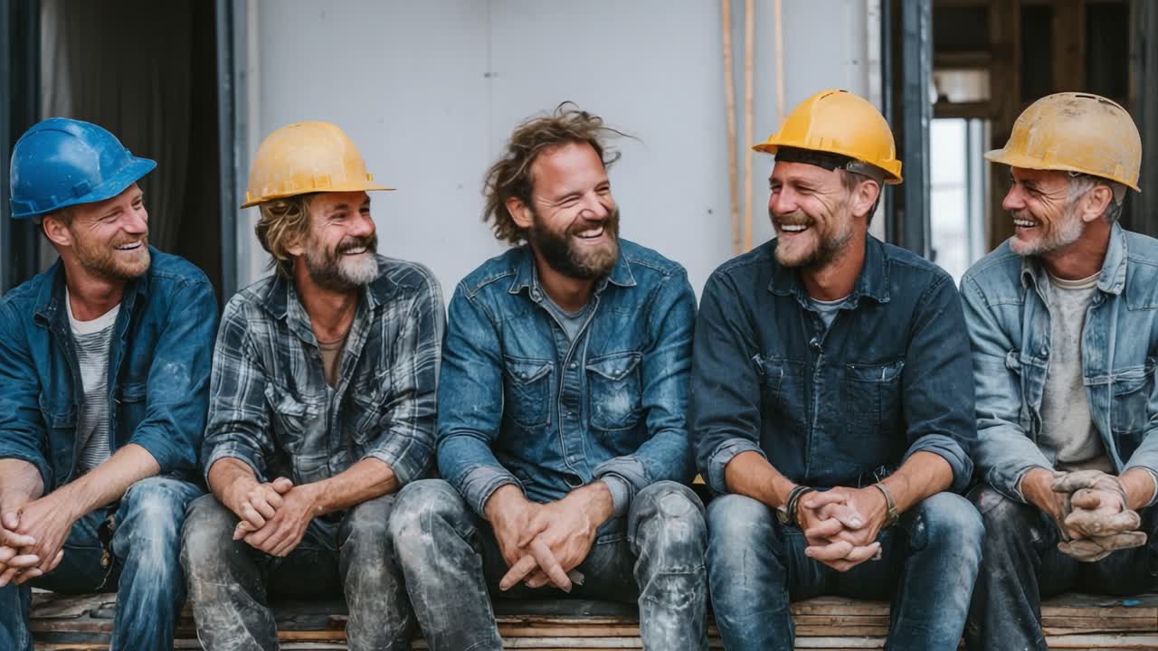 A joyful gathering of construction workers wearing safety helmets, showcasing camaraderie and teamwork in a relaxed construction site atmosphere filled with laughter