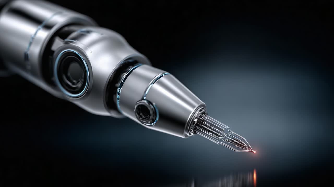 Uno strumento di scrittura robotico con tecnologia avanzata che mostra una punta luminosa e un design elegante, catturato da due angoli distinti per metterne in mostra caratteristiche e dettagli