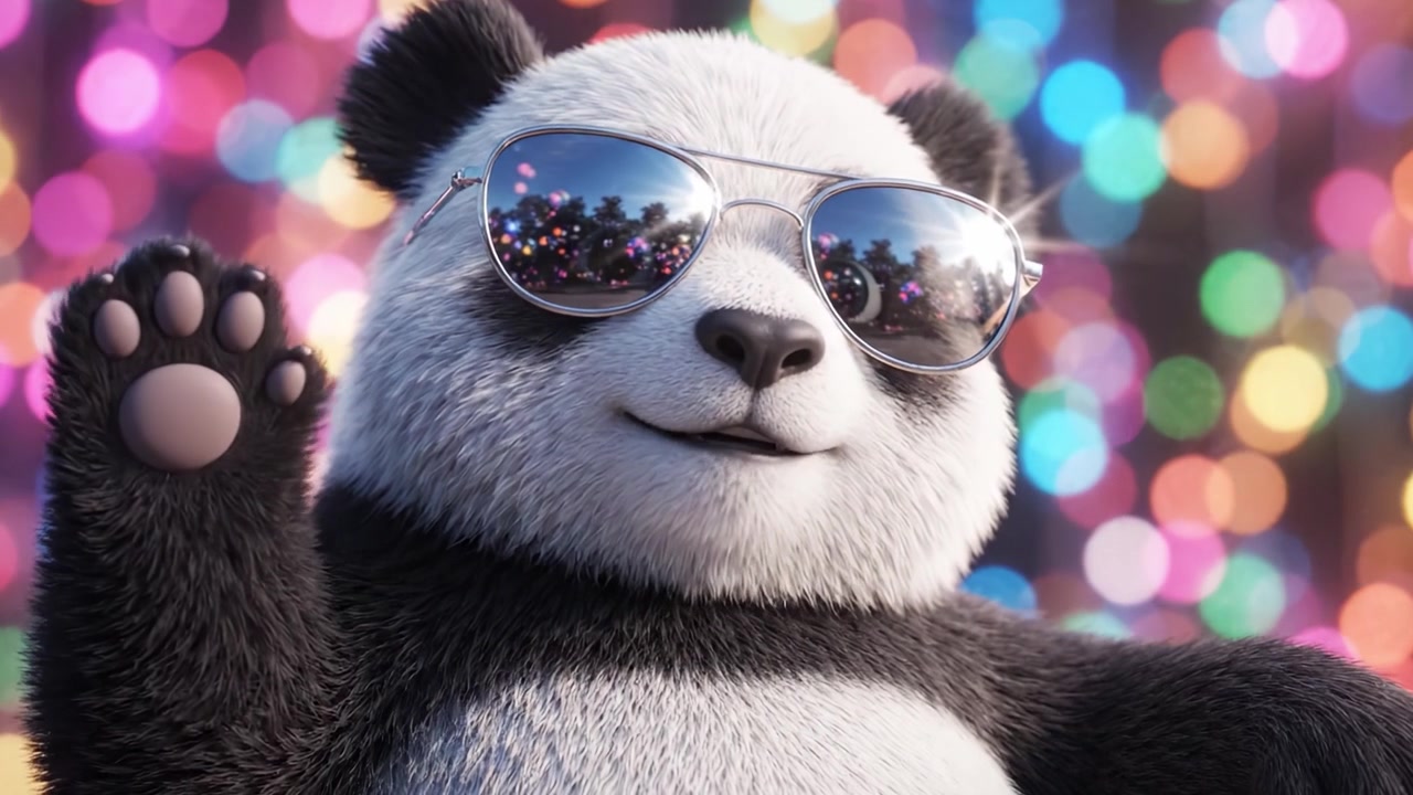Un affascinante panda abbraccia un'atmosfera vibrante, sfoggiando occhiali da sole alla moda in mezzo a uno sfondo colorato e vivace pieno di luci scintillanti ed energia gioiosa
