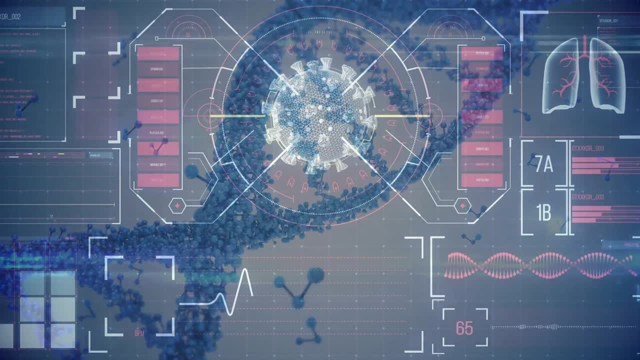 анимация компьютера, отображающая макрокоронавирусную клетку covid-19, проанализированную и днк