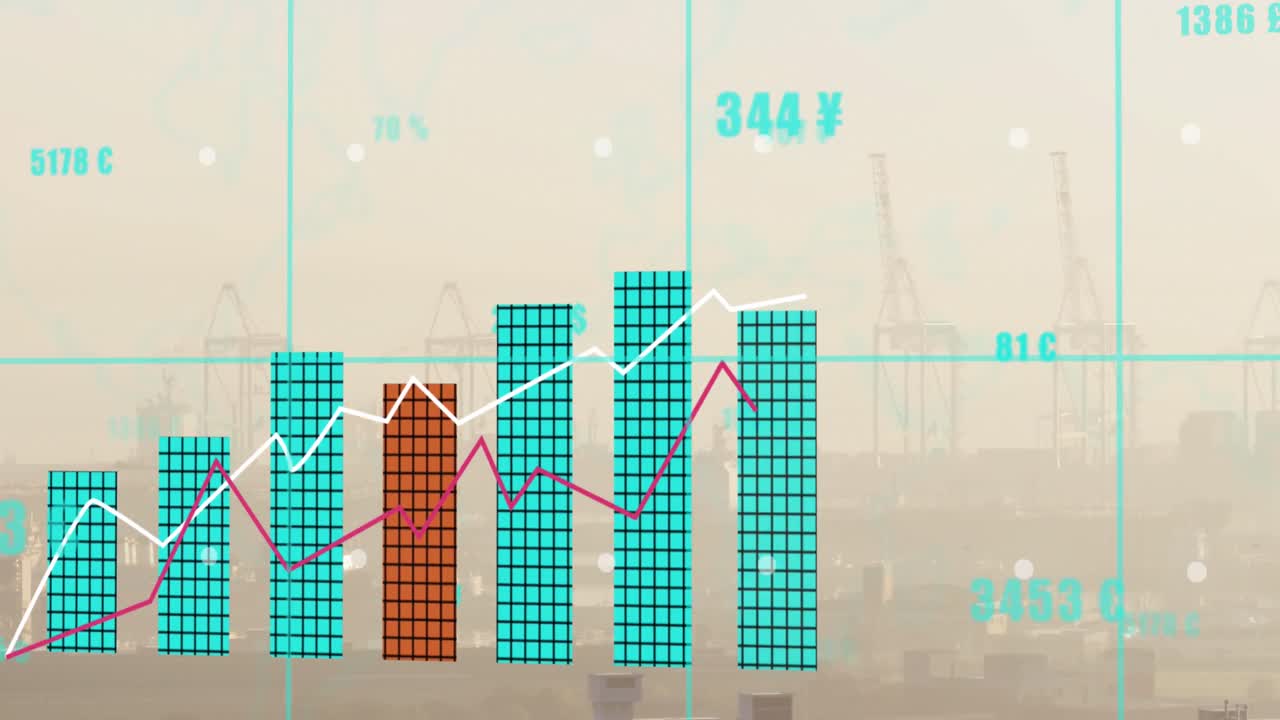 도시 풍경 위의 금융 데이터 처리 애니메이션