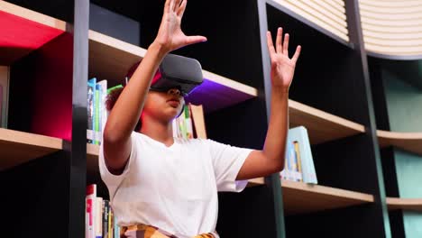 vr headset library. young teen girl student training and learning with vr virtual teality headset in school library.