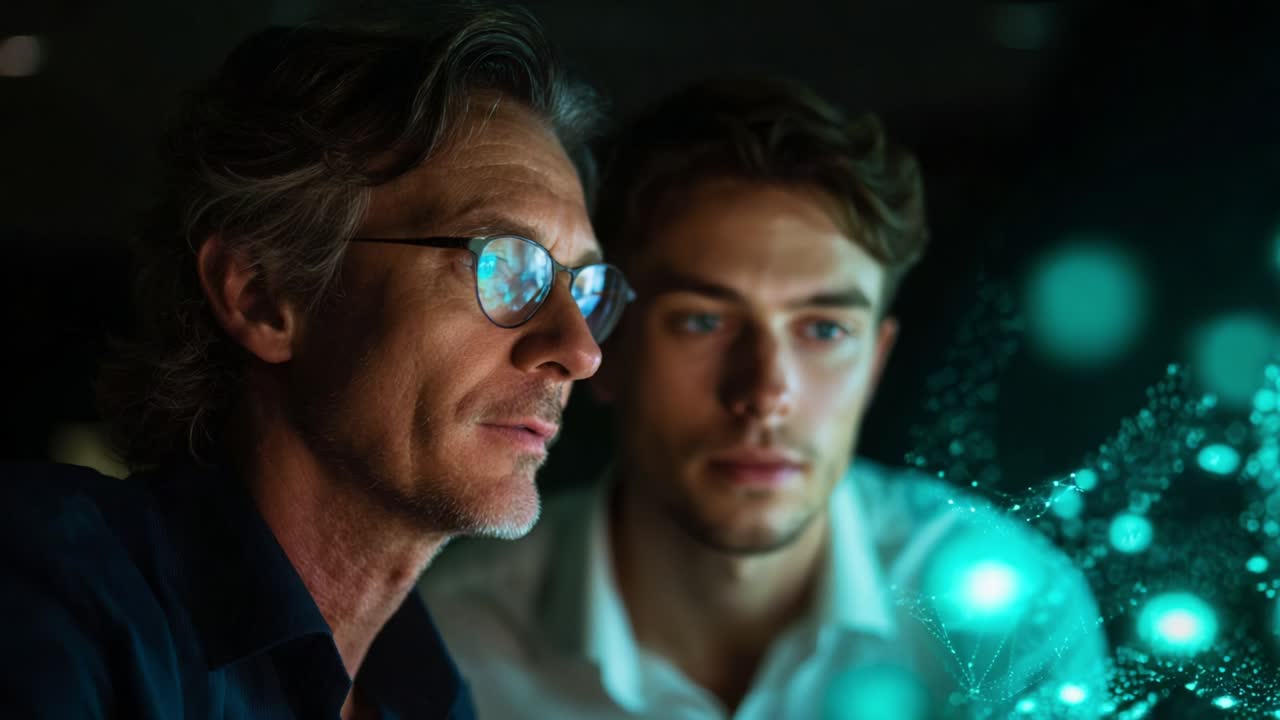 In a dimly lit room, two men analyze intricate digital data projections, focusing intently on glowing green particles that represent complex algorithms and innovative solutions to modern challenges