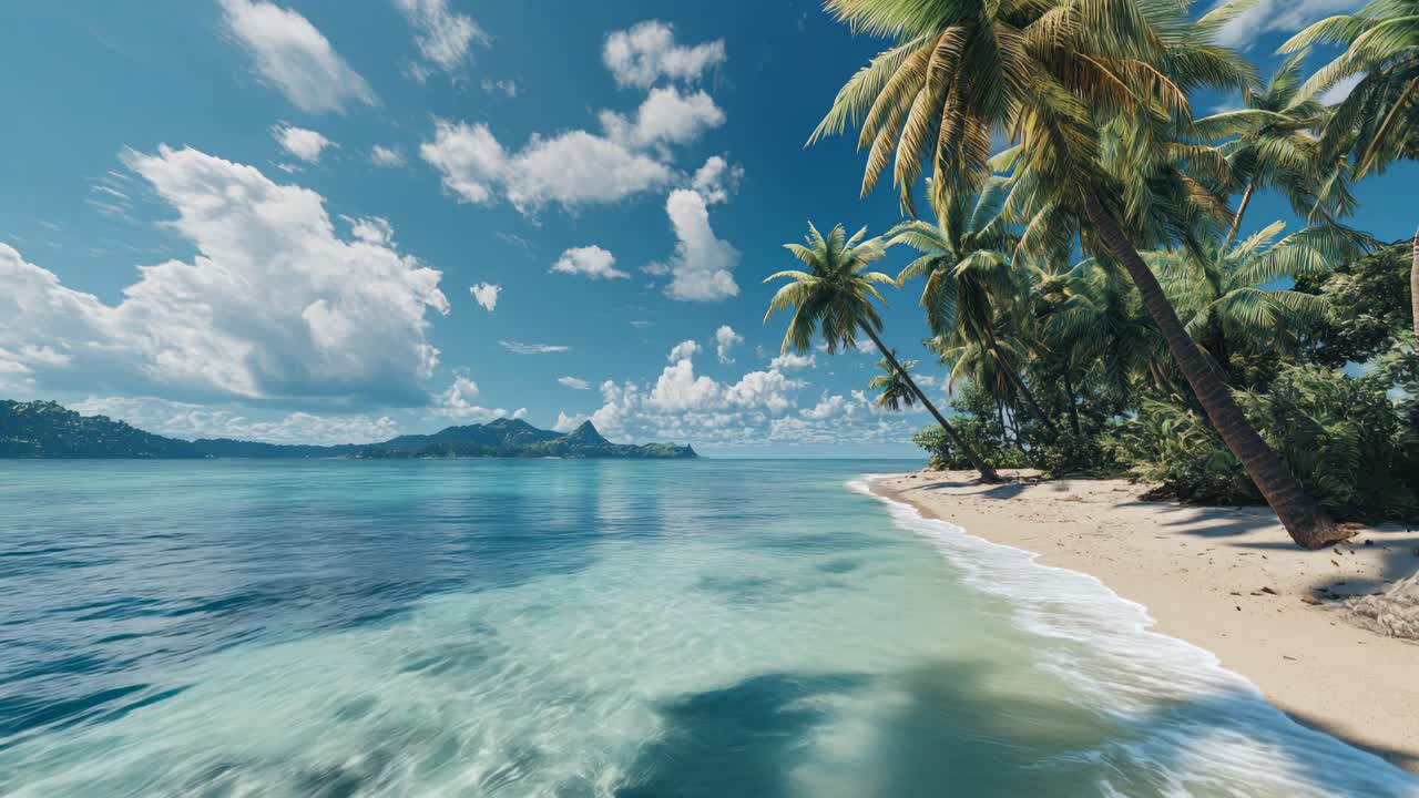 Cena de praia tropical com palmeiras e água cristalina, capturada de um ângulo baixo