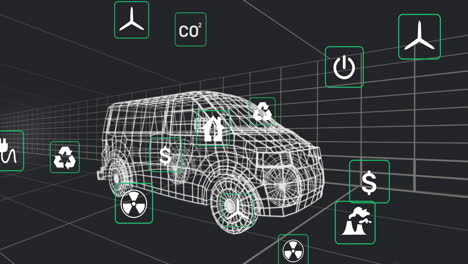 animación de iconos eco y procesamiento de datos sobre dibujo técnico de automóviles en 3d
