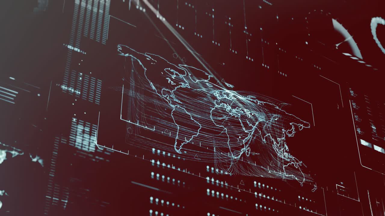 Animation of interface with data processing over world map against gradient background