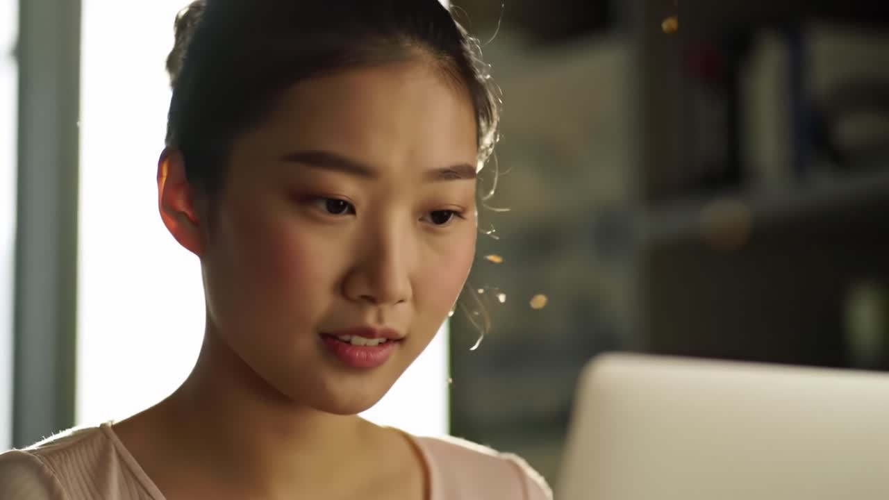 A Young Woman Engaged in Focused Work on Her Laptop, Illuminated by Natural Light, Capturing a Moment of Concentration and Thoughtfulness in a Modern Workspace