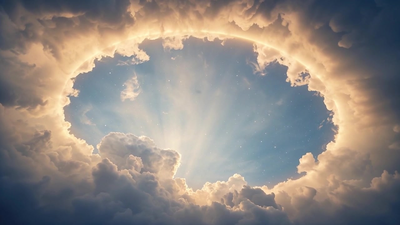 Raggi che si irradiano attraverso uno squarcio circolare nelle nuvole, rompendo lo strato di nuvole, illuminando il cielo blu e i bordi incandescenti.