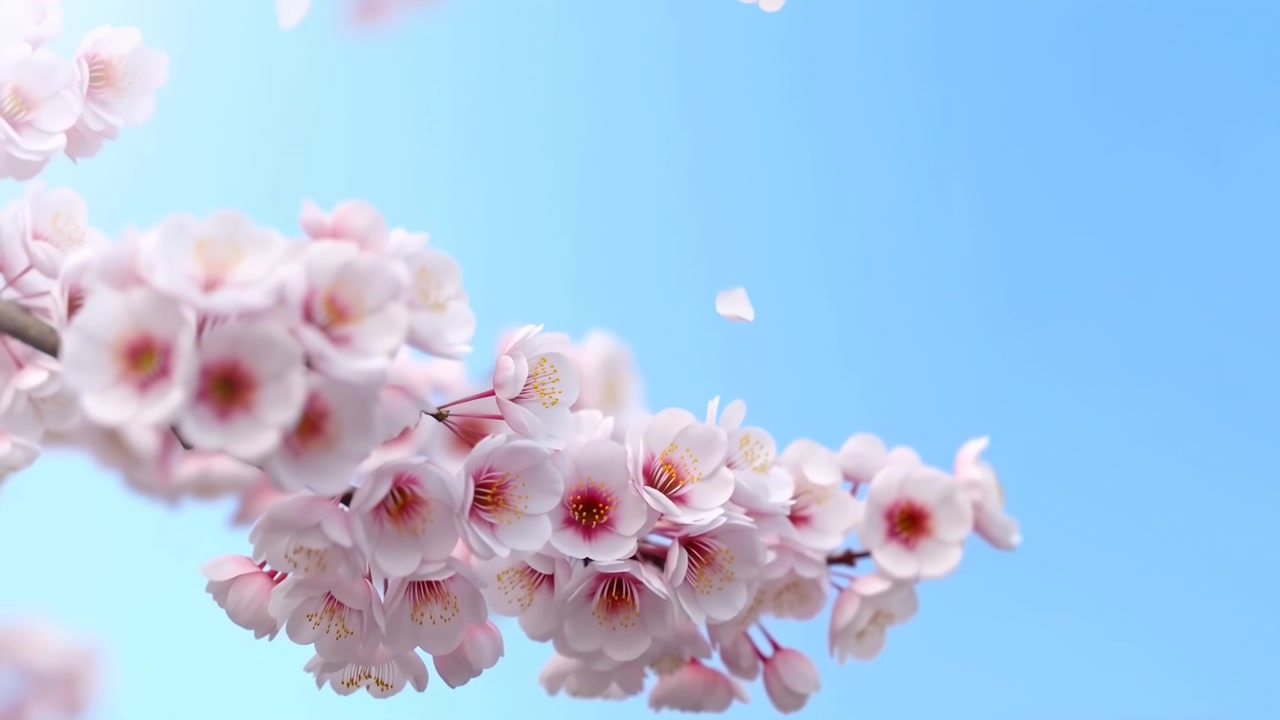 Pink Cherry Blossom Branch Against Sky, Delicate Petals Drift In Gentle Breeze, Soft Pastel Tones And Shallow