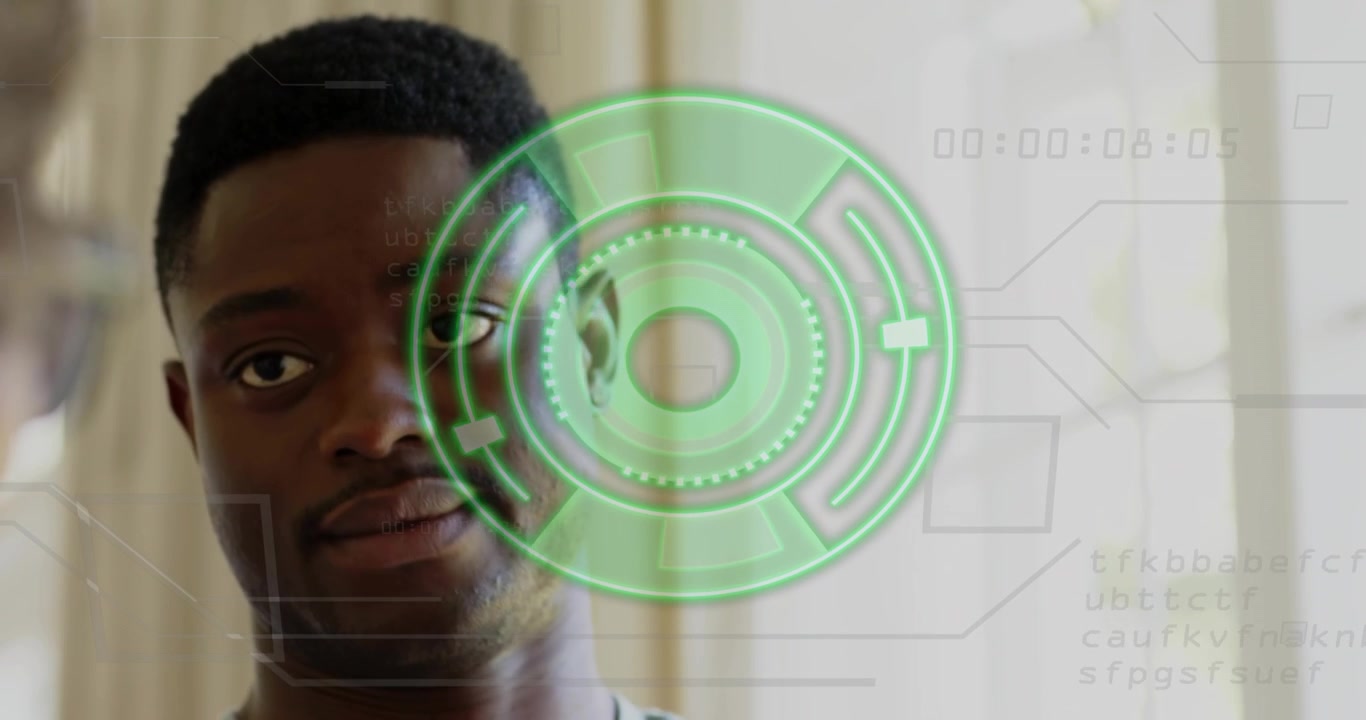 Technician initiating biometric scan while subject looking at holographic HUD for ID verification