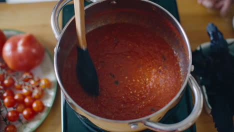 stirring boiling tomato sauce in pot with basil and tomatoes nearby