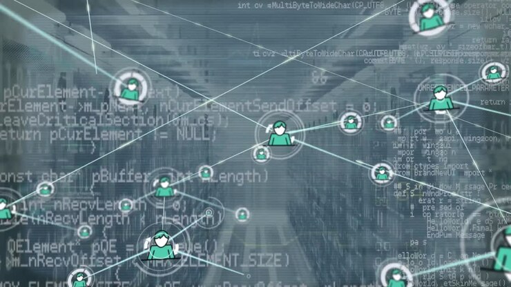 Animation of network of connections and data processing over server room
