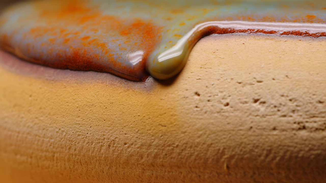 Close-up Macro de Esmalte Gotejando Lentamente em Cerâmica Texturizada