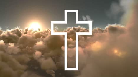 animation of white outline of christian cross with grey clouds and glowing sunshine