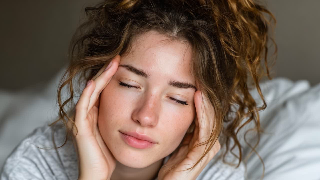 A Young Woman with Curly Hair Experiencing Stress and Fatigue, Gently Pressing Her Hands Against Her Head While Sitting on a Bed with a Neutral Background