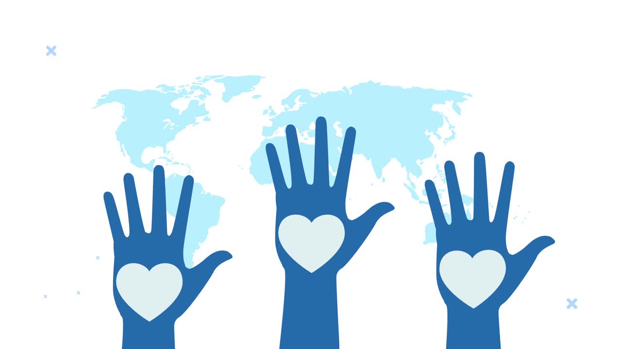 세계 심장 날 애니메이션: 손에 심장과 지구 지도