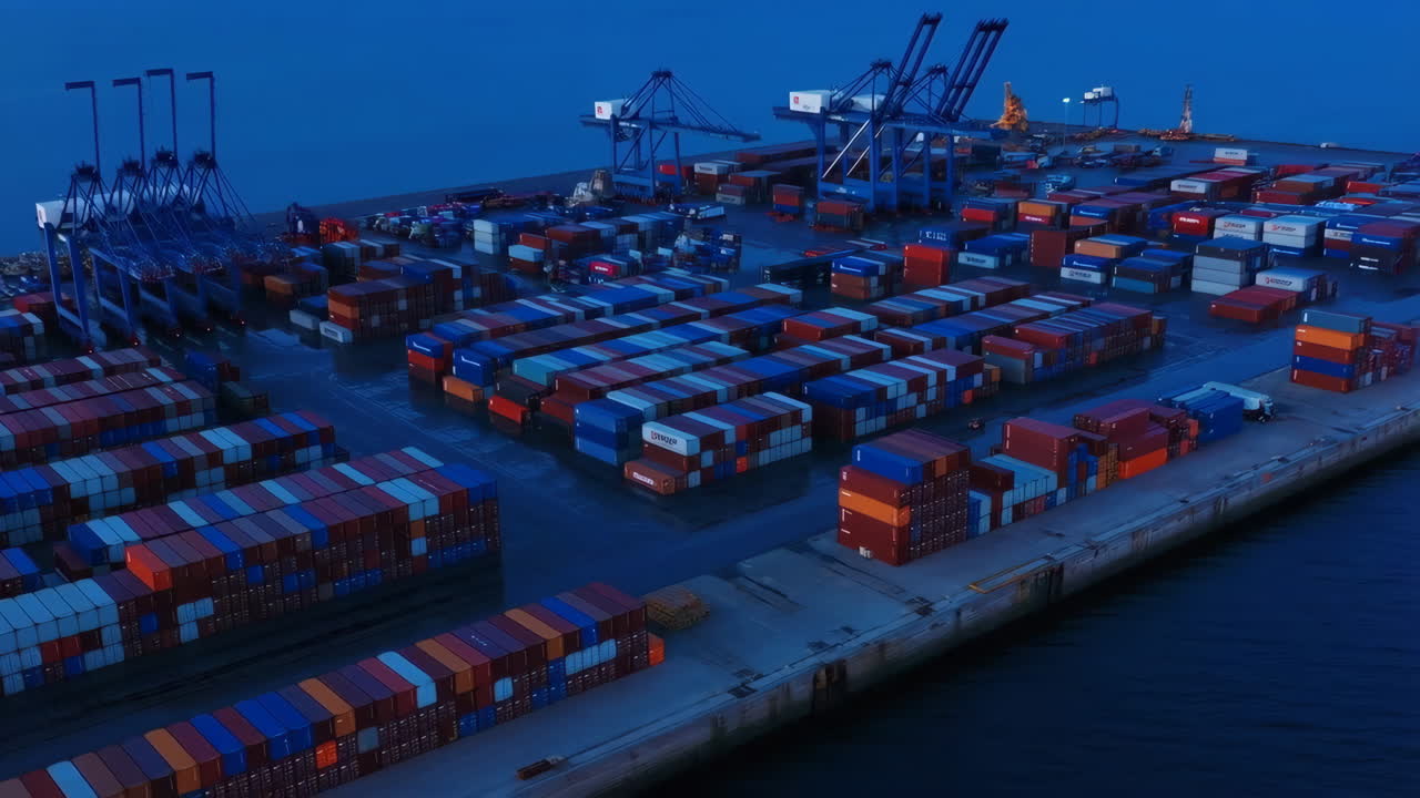 Aerial view of a bustling container port at dusk with numerous shipping containers and cranes