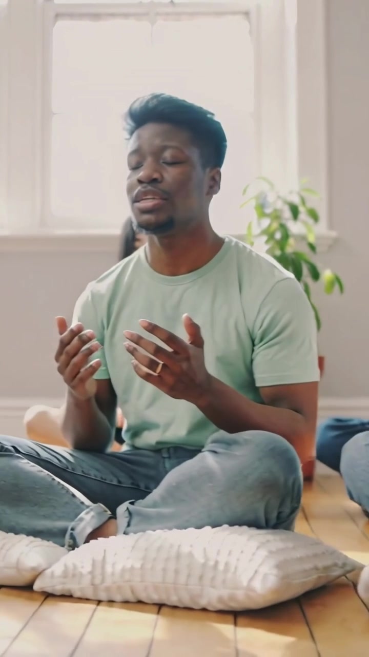 Vertical video: Breathing group in knits chanting with palms up on wood floor in room with cushions