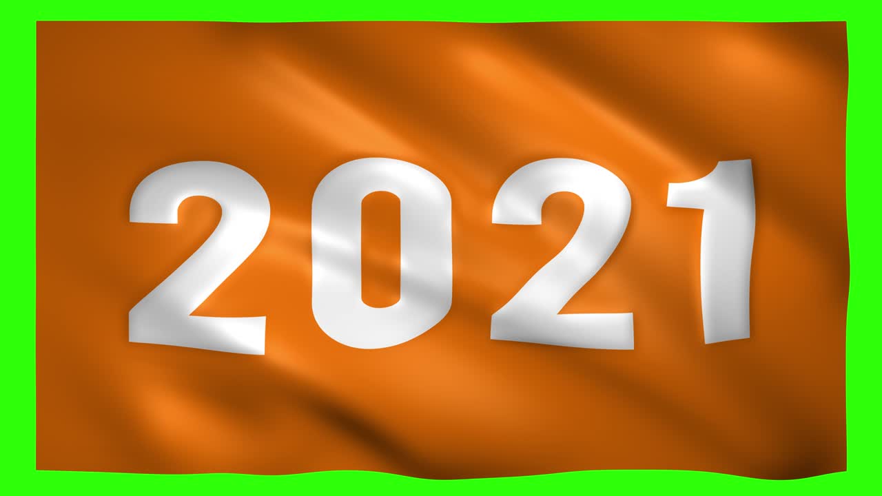 2021 escrito en la bandera naranja en la pantalla verde para la tecla de croma