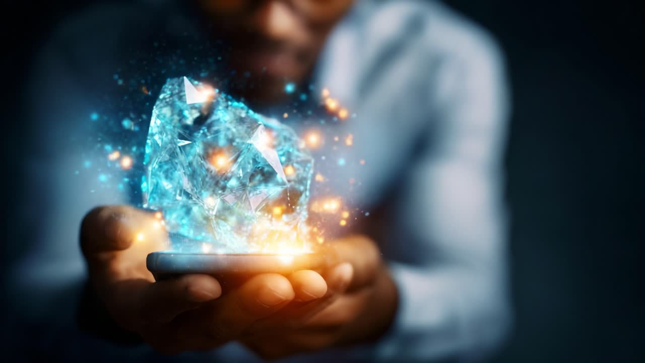 A captivating display of light and energy emerges from a handheld crystalline structure, showcasing a harmonious blend of technology and creativity in a dark, enchanting environment