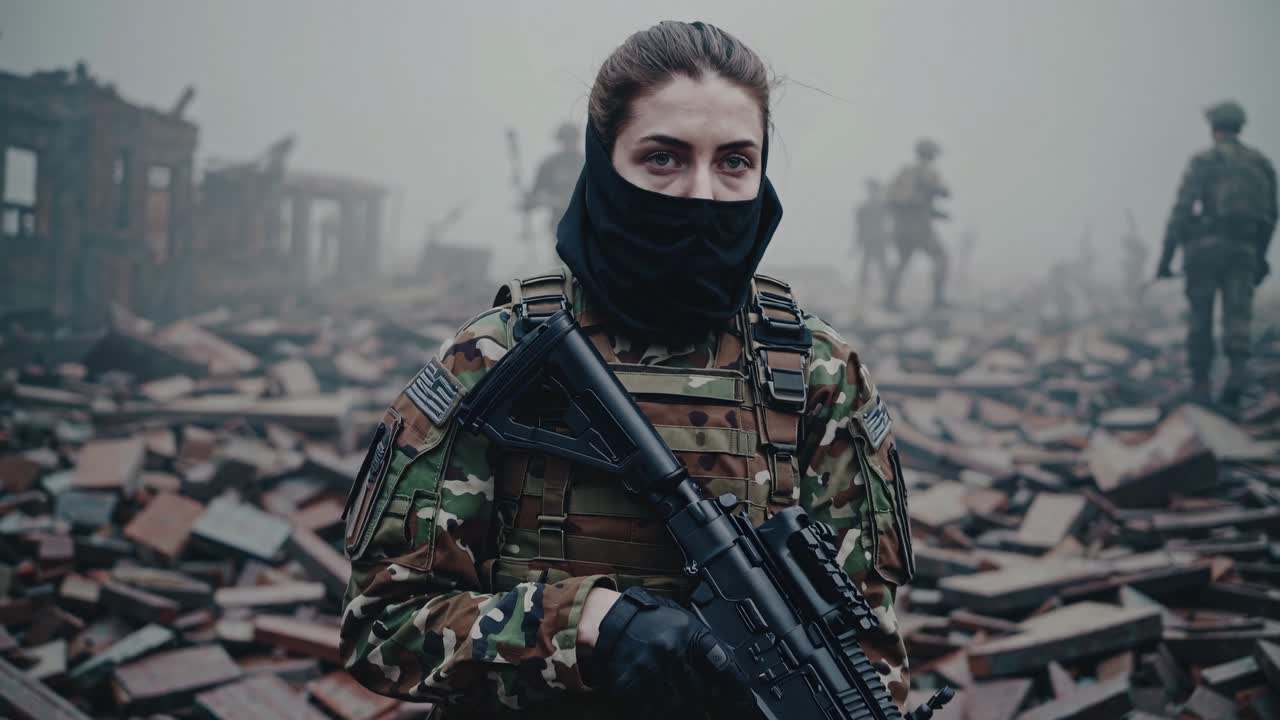 Determined female soldier stands holding a rifle amidst a desolate, foggy landscape of ruins, with fellow soldiers patrolling in the background, creating a scene of war and resilience
