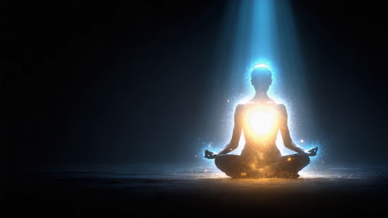 Una Scena di Meditazione Serena con un Cuore Radioso: Esplorando la Luce Interiore e il Risveglio Spirituale Attraverso il Potere della Consapevolezza e della Contemplazione.