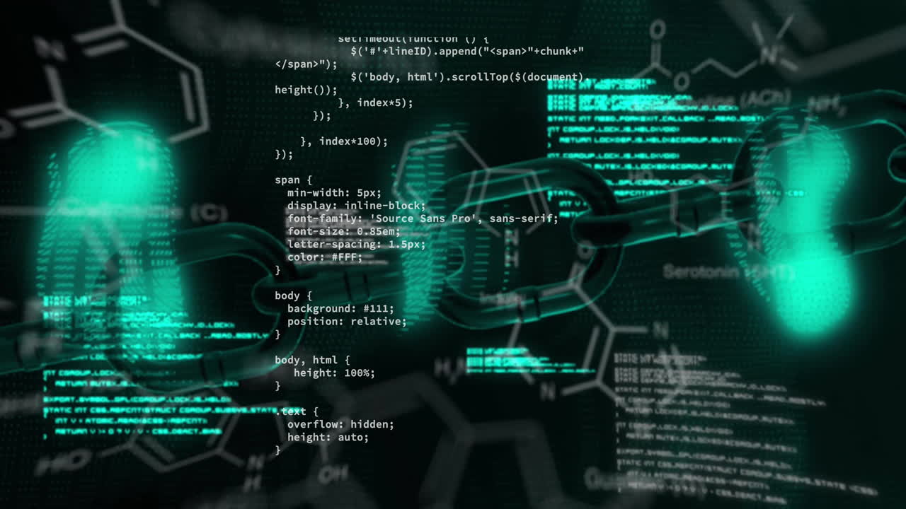 Animation of data processing and chain over elements and glowing data on black background