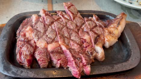 grilled dry aged ribeye steak on hot pan