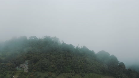 과테말라의 안개 낀 흐린 숲 위로 산꼭대기 높이 날기