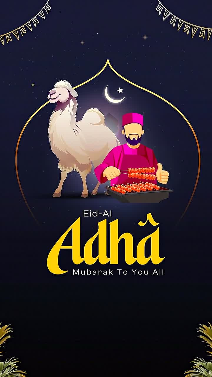 Auguri animati Eid al-Adha Mubarak con illustrazioni festive