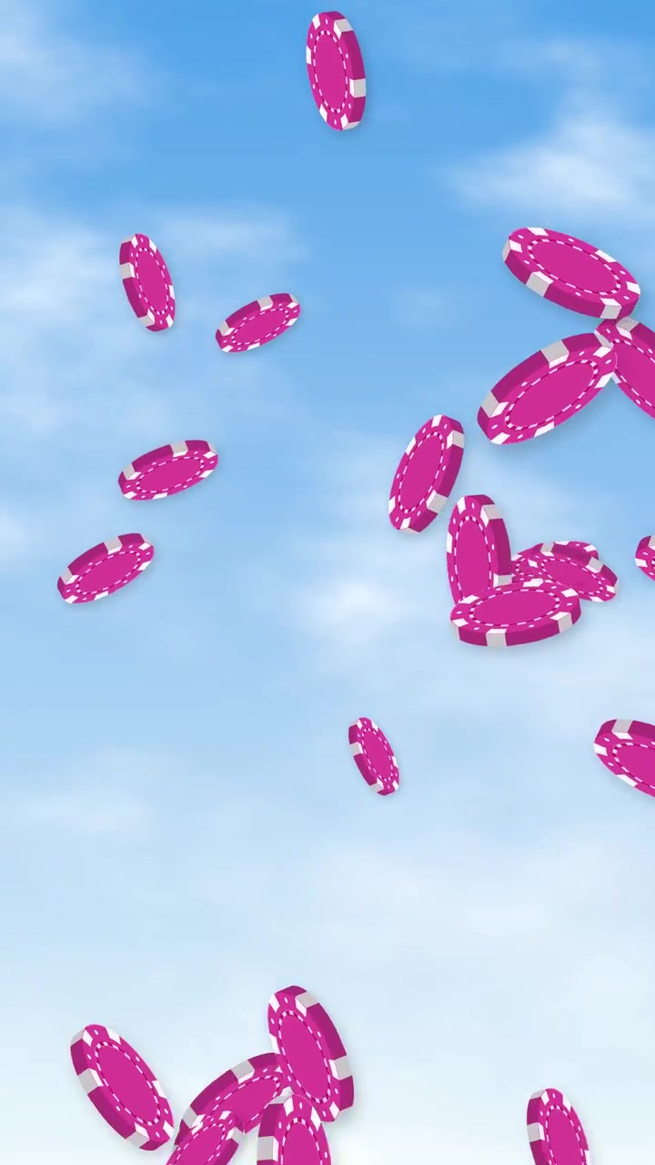Animazione verticale di fiches da gioco rosa che cadono attraverso un cielo azzurro brillante con nuvole soffici