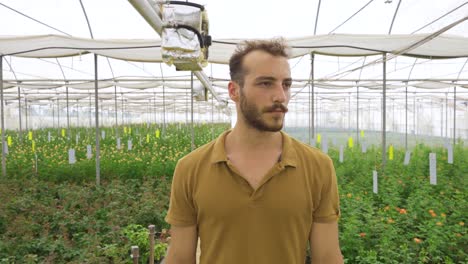 Handsome-gardener-looking-at-flowers-in-greenhouse.