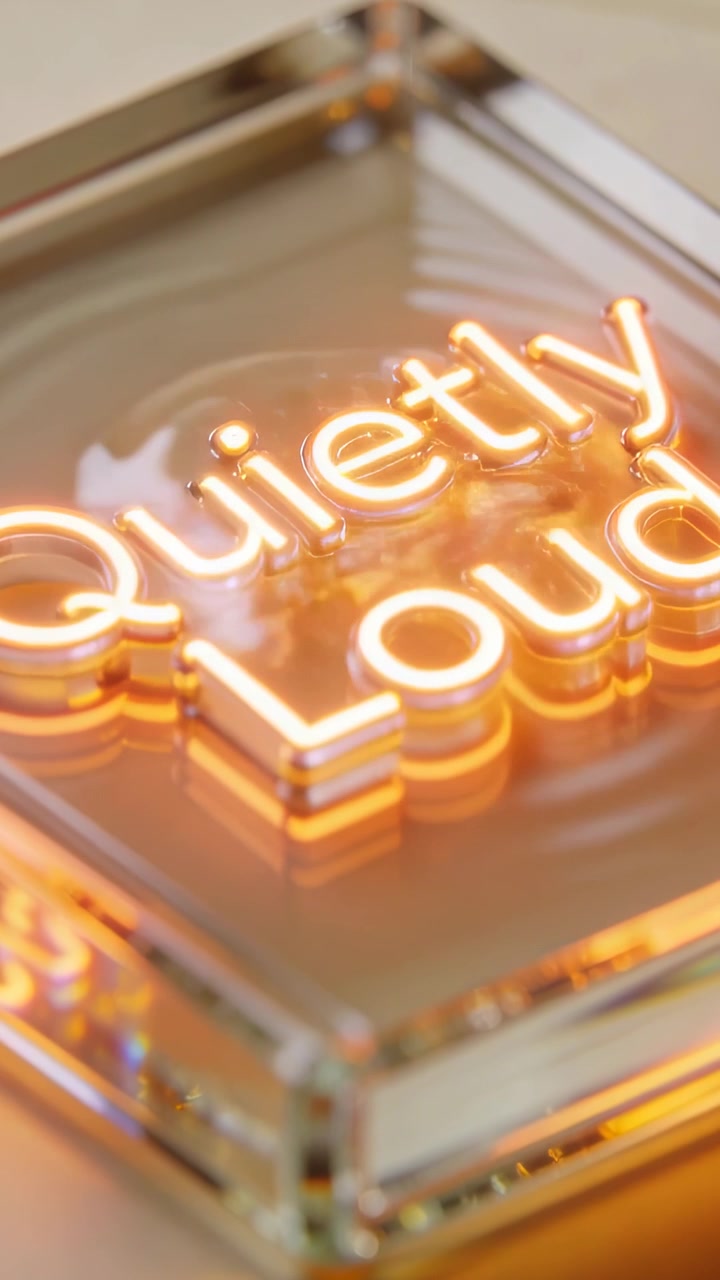 Pystyvideo: Kamera kallistuu paljastaen "Quietly Loud" -neonvalon pöydällä, korostaen akryylikerroksia.