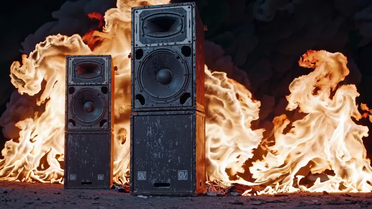 Low-angle shot of two large speakers surrounded by dramatic flames, creating an intense, energetic