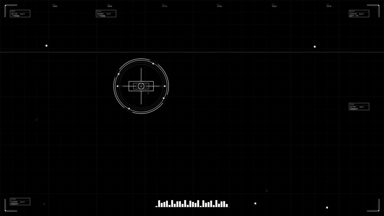 Visual displays show a military heads up display with a circular target focus and various control panels. This is suitable for use in science fiction content