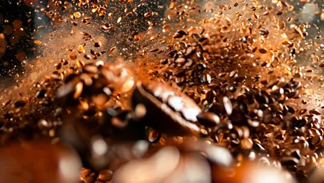 a pile of coffee beans with coffee beans falling out of it