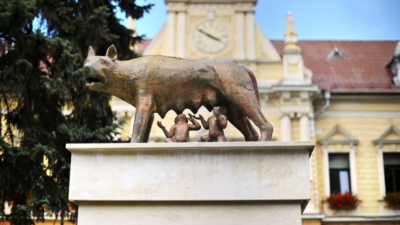 View of Capitoline Wolf monument in old Brasov centre, Romania. Town house on the background