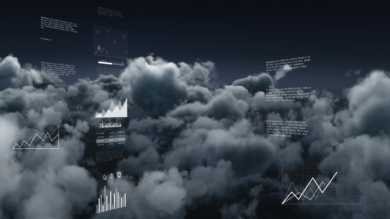 animación del procesamiento de datos contra nubes oscuras en el cielo