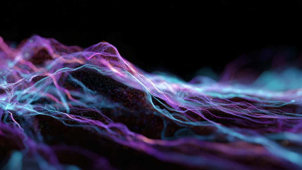 Futuristic digital landscape composed of glowing lines and particles slowly undulating. Creating a dynamic surface with shallow depth of field against a clean. Black background representing big data
