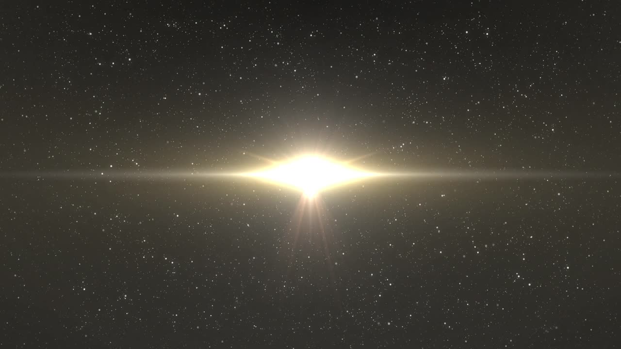 검은 바탕의 별 위에 움직이는 노란색 반 ⁇ 이는 빛의 애니메이션