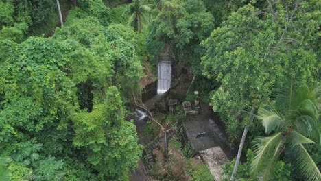 vista aérea, pequeña cascada de riachuelo y terraza escondida en una densa selva tropical en la isla de bali, indonesia, tiro inclinado hacia abajo con drones