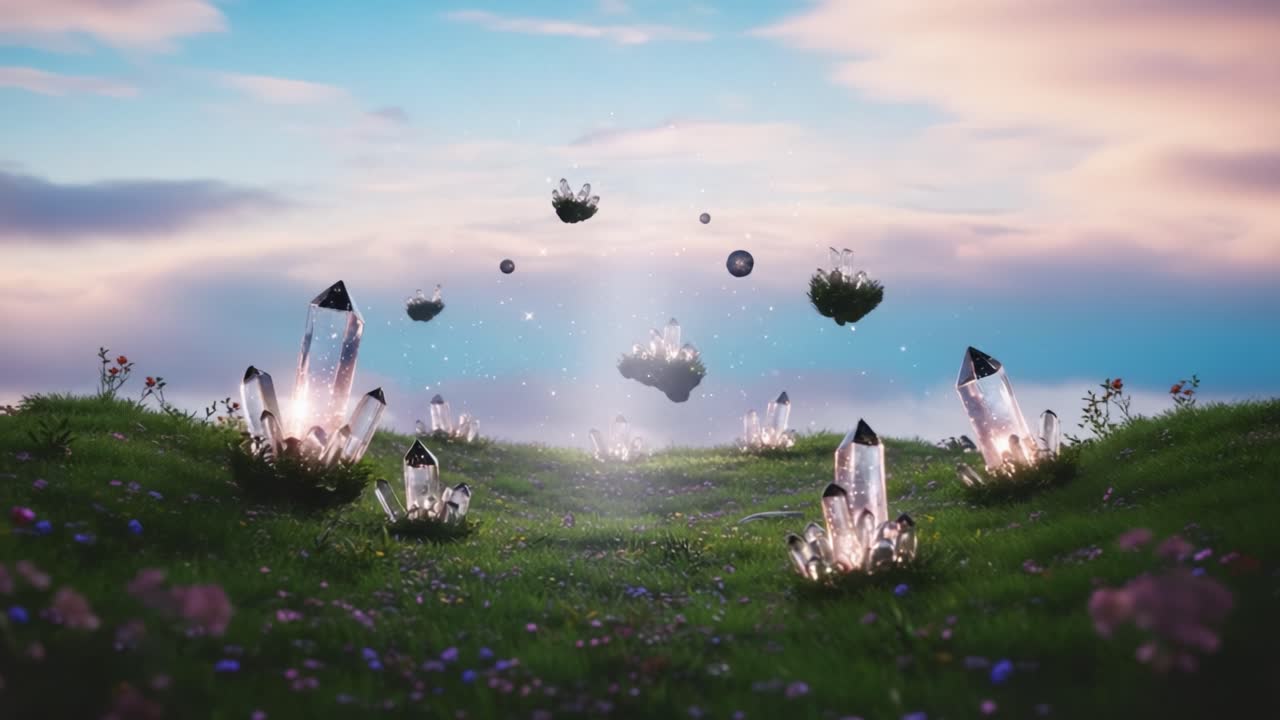 A Fantastical Gathering of Crystals and Floating Islands Surrounded by Mist, Showcasing the Mystical Beauty of Nature and Ethereal Landscapes