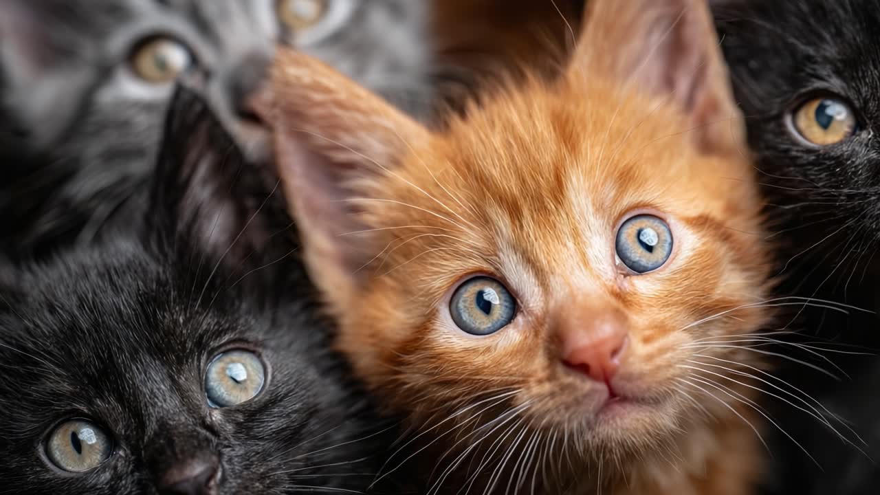Un tenero raduno di gattini: adorabile primo piano di un gatto soriano arancione e dei suoi amici felini neri che mostrano le loro espressioni uniche e la loro natura giocosa.