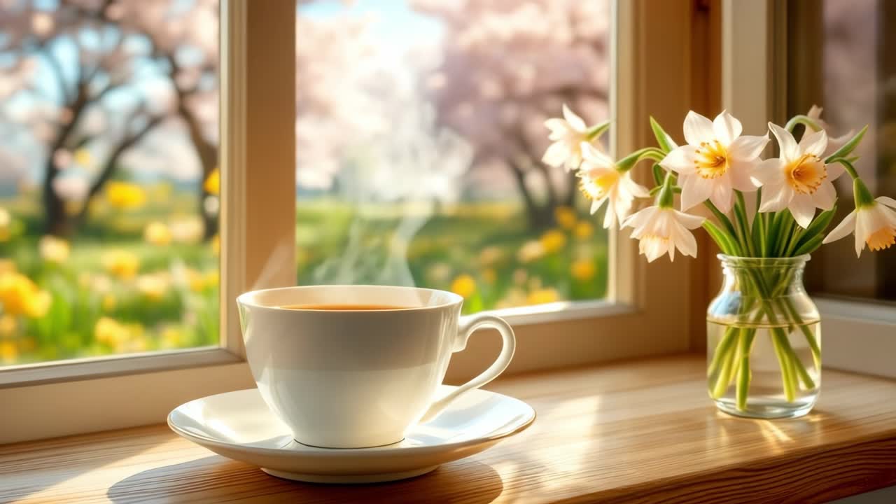 Steaming cup of coffee and narcissus bouquet on a wooden windowsill with a blooming spring garden in the background