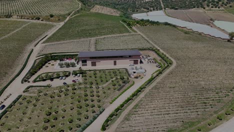 Drone flight slowly around Donnafugata canteen of Vittoria surrounded by vineyards