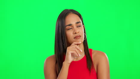 thinking, face and green screen woman planning