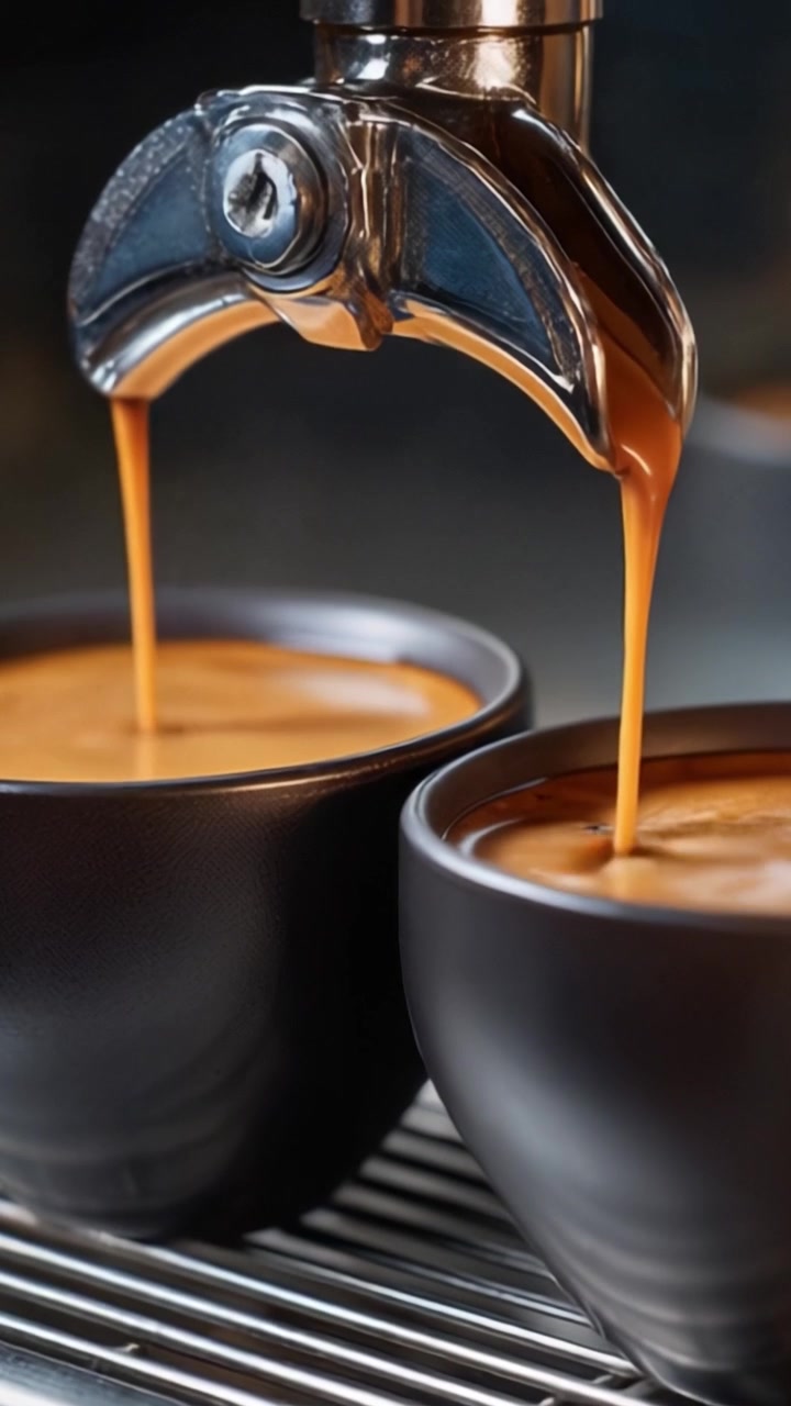 Caffè espresso appena fatto che si versa da una macchina da caffè in eleganti tazze nere, creando un aroma invitante e un colore intenso, perfetto per gli amanti del caffè e i baristi.