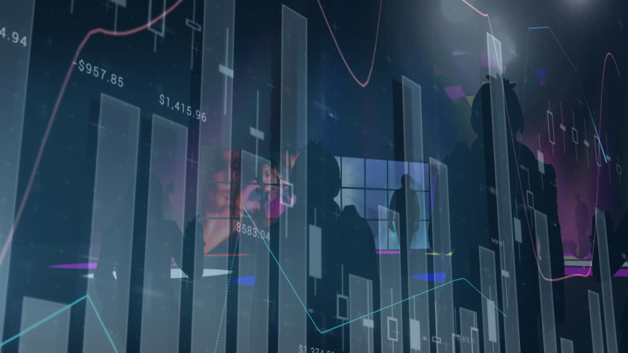 animación del procesamiento de datos financieros sobre personas bailando