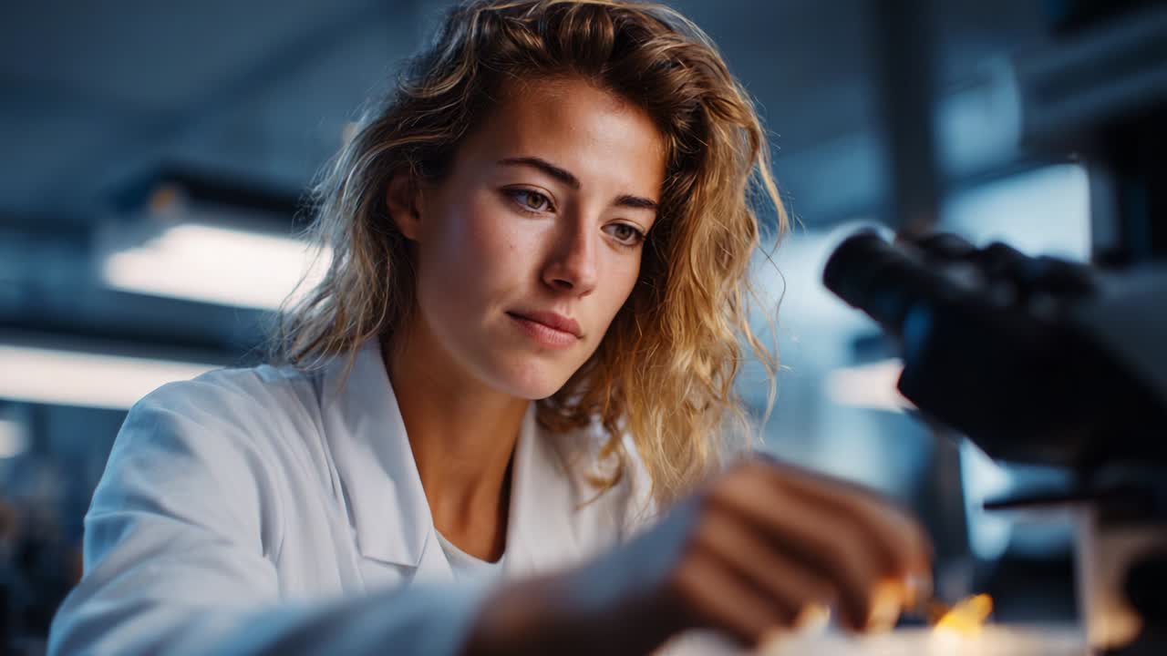 Focused Researcher Engaged in Laboratory Experimentation with a Microscope, Analyzing Samples and Conducting Scientific Investigations to Discover New Insights in Modern Science