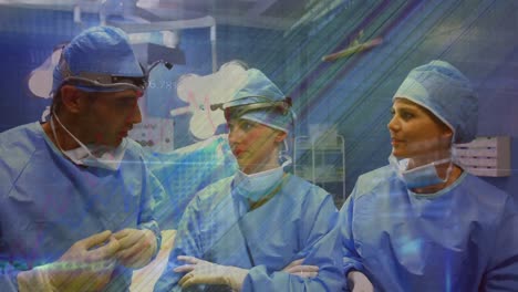 Animation-of-life-line-over-caucasian-surgeons-in-operating-theatre